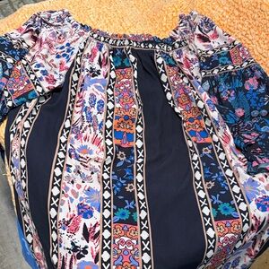 Boho Floral Stripe Off-Shoulder Women's dress - Navy Multicolor